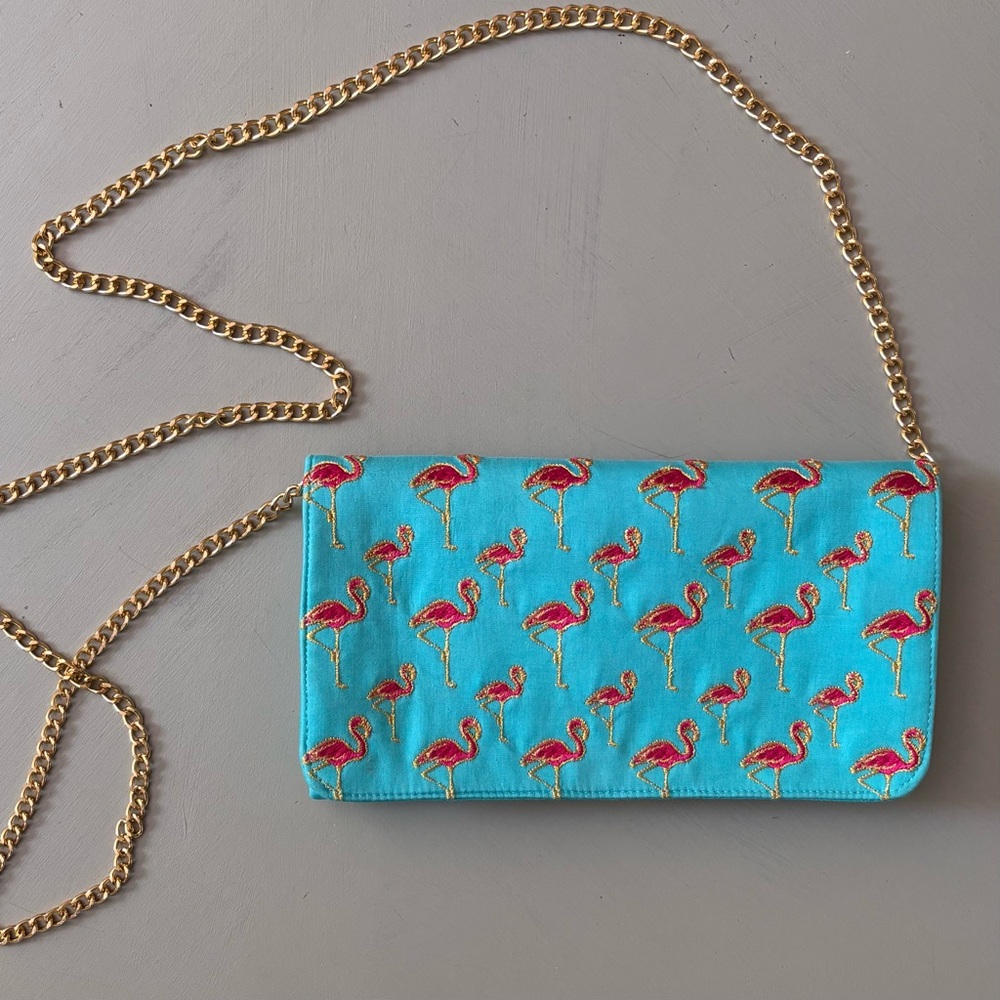 SHIRALEAH CHICAGO Satin Embroidered Flamingo Clutch Gold Chain Shoulder Bag - Picture 8 of 10